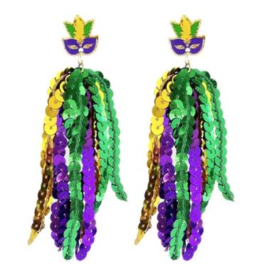 Imagem de WCRAZYE Brincos femininos pendentes de carnaval acrílico carnaval máscara lábios, chapéu de lagosta, brincos para presente de carnaval (lantejoulas roxas)