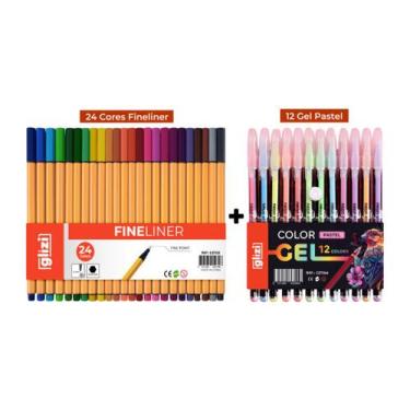 Imagem de Kit Canetas Coloridas Ponta Fina Glizi Fineliner 24 Cores + Gel Highli