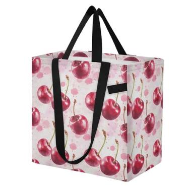 Imagem de SEHANY Sacola de compras reutilizável de cereja fofa com alças reforçadas, bolsa de compras de lona dobrável à prova d'água de grande capacidade para viagem, cozinha, praia
