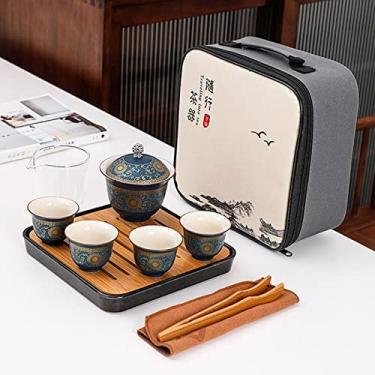 Imagem de Conjunto de chá de cerâmica, conjunto de chá de cerâmica portátil de viagem inclui 1 bule de chá 4 xícaras de chá chinês Puer Teaware Gaiwan presente de lembrança com saco, conjunto de chá de viagem