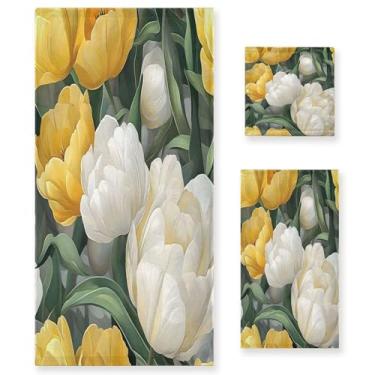 Imagem de xigua Conjunto de toalhas de banheiro de tulipas amarelas absorventes macias 3 peças toalha de banho toalha de mão toalhas decorativas para banheiro, academia, hotel, praia, piscina