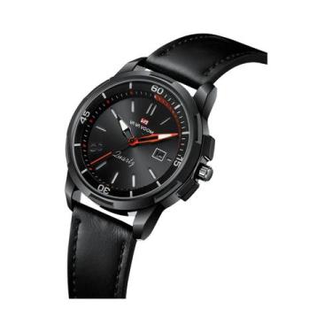 Imagem de Relógio De Quartzo Militar Com Mostrador Grande Em Couro Preto 46mm VA