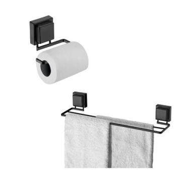 Imagem de kit lavabo banheiro preto fosco ventosa 02 peças Future porta toalha b