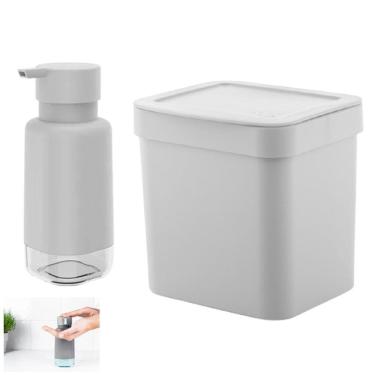 Imagem de Kit Lixeira 2,5l Com Tampa Dispenser Porta Detergente Bancada Pia Cozinha - Ou