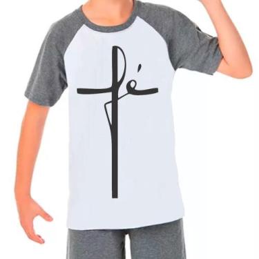 Imagem de Camiseta Raglan Fé Gospel Evangélica Cinza Branco Infantil01 - Design