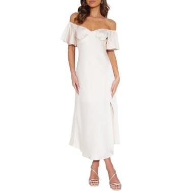 Imagem de Vestido midi feminino de cetim com ombro de fora 2025 para convidada de casamento, elegante, manga borboleta, dividido, coquetel, formatura, Branco, P