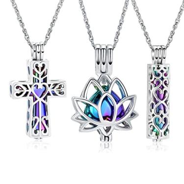 Imagem de shajwo Pacote com 3 colares de urna de cremação para cinzas para mulheres homens coração lótus cruz cilindro cremação joias para cinzas pingente de lembrança memorial, Aço inoxidável, Sem pedras preciosas