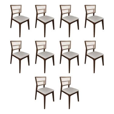 Imagem de Kit 10 Cadeiras De Jantar Manuela Em Tela Assento Veludo Bege Base Em Madeira Maciça - Natural