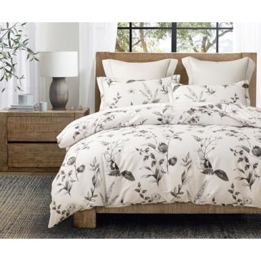 Imagem de SLEEPBELLA Conjunto de edredom king size, algodão 600 fios, branco estampado com botânico preto, 3 peças (king, botânico preto)