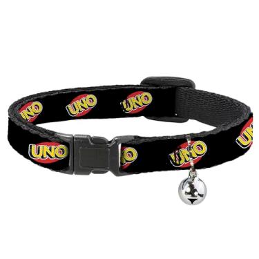 Imagem de Coleira de gato UNO Breakaway com sino, clipe de plástico, fácil de ajustar, logotipo do jogo UNO preto vermelho amarelo, 21 a 30 cm de largura
