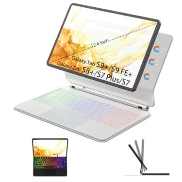 Imagem de Capa com teclado para Samsung Galaxy Tab S9+/S9 FE+/S8+/S7 Plus/S7 FE 12,4” Capa com teclado Suporte cantilever flutuante magnético Trackpad multitoque sem fio (Branco)