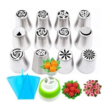 Imagem de Conjunto de sacos de confeitar e pontas, 14 peças de pontas de confeitar russas, kit de decoração de cupcake, bicos russos, kit de suprimentos de confeitaria para cupcake, biscoitos, festa de