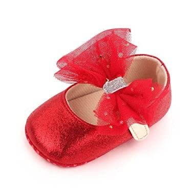 Imagem de SABATUTU Sapatilhas infantis para bebês meninas princesa vestido de casamento Mary Jane, sola macia infantil pré-andador brilhante e leve, A13/Vermelho, 0-6 Meses