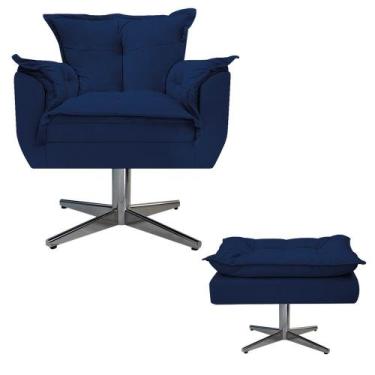 Imagem de Kit Poltrona e Puff Opala Base Giratória de Metal Suede Azul Marinho -
