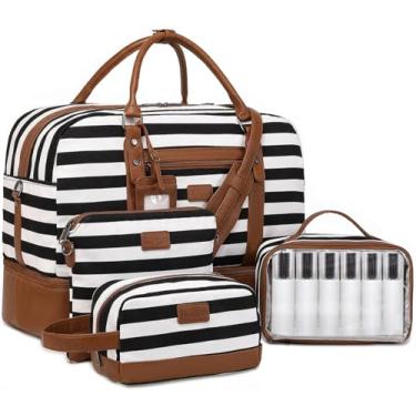 Imagem de Wogarl Bolsas femininas de fim de semana, grande, bolsa de viagem de fim de semana, bolsa de ombro com compartimento de sapatos, bolsa de higiene pessoal para viagem, negócios, academia, Largo, preto