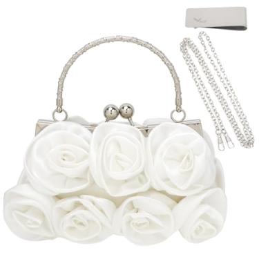 Imagem de kilofly Bolsa clutch Missy K 7 Roses, cetim, com alça destacável e clipe para dinheiro, Off-white, 8.6 Inch