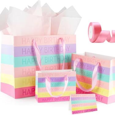 Imagem de Yiran Saco de presente de feliz aniversário, grande, médio, pequeno, sacos de presente com papel de seda, fita e cartões comemorativos, decorações de feliz aniversário rosa para bebês meninas e