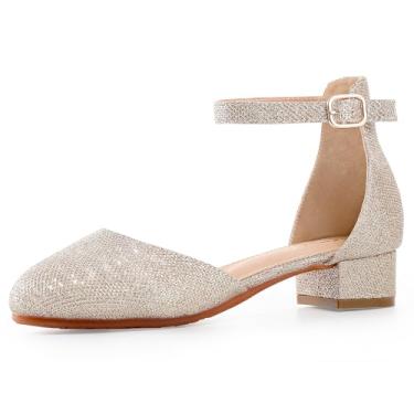 Imagem de Secret Slippers Sapatos sociais femininos com glitter – bico fechado salto alto grosso com tira no tornozelo para casamentos, festas e ocasiões especiais (crianças grandes), Glitter dourado, 16