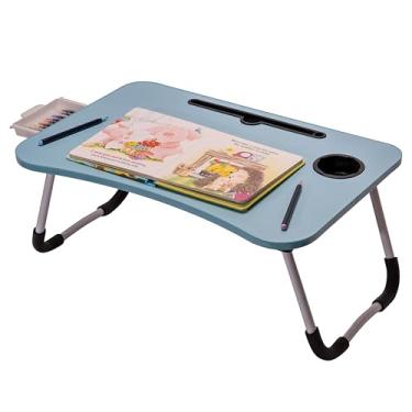 Imagem de OHAHO Mesa para laptop, mesa dobrável com suporte para copos, compartimento para tablet, suporte portátil para trabalhar, escrever, desenhar (azul)
