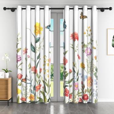 Imagem de Cortinas blackout florais de 213 cm de comprimento para quarto, sala de estar, colorido, floral, borboleta, cortinas escurecendo, ilhós, cortinas de janela com isolamento térmico, 2 painéis 132 L ×