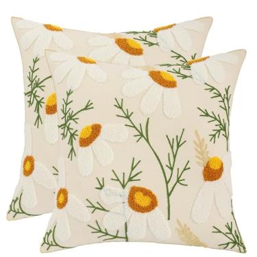 Imagem de LUOYEHK Capas de almofada bordadas, 45,7 x 45,7 cm, pacote com 2 fronhas decorativas de margaridas brancas, capas de almofada com adornos florais para sofá, cama, sala de estar
