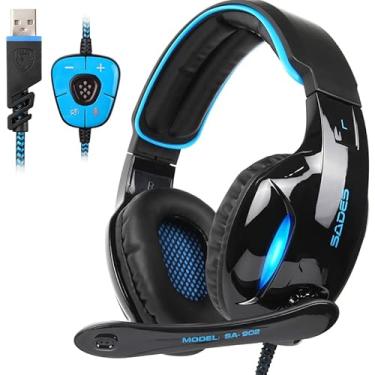 Imagem de SADES SA902 Fone de ouvido estéreo para jogos 7.1 USB Som Surround PC Fones de ouvido Over-Ear Gaming com microfone LED luz preto azul