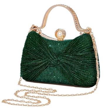 Imagem de Inkfew Bolsas de mão femininas brilhantes lantejoulas casamento prata cruz corpo bolsas com corrente, casamento baile festa clube, Verde escuro