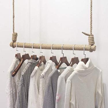 Imagem de CUTPOIY Trilho de roupas de parede içamento de madeira com corda de cânhamo, vara de pendurar roupas de madeira, expositor de roupas para loja de roupas (tamanho: 120 cm) (120 cm)