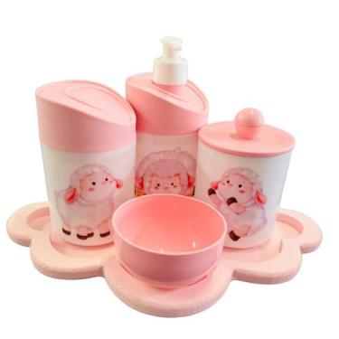 Imagem de Kit Higiene Baby Ovelhinha Menina c/bandeja MDF - 5 Peças - Dóia Kids,