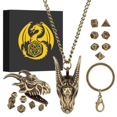 Imagem de Keller & Weber Mini DND Dice Set with Dragon Head Metal Cage Portable Keychain Necklace, Tiny 7pcs Polyhedral D&D Dice Set, DND Gifts with Gift Box, D&D Accessories for RPG, Bronze