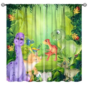Imagem de Mchenxin Lindas cortinas de dinossauro, desenhos animados em aquarela, dinossauros, floresta tropical, samambaias, flores, cortinas de janela para crianças, meninos, meninas, quarto, sala de estar