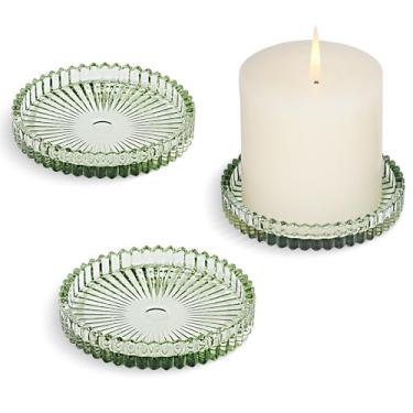Imagem de CHOCSTAY Castiçais de pilar de vidro, 3 peças, 9,7 cm, placas de vela redondas transparentes para centros de mesa, festa, casamento, decoração de casa (verde - conjunto com 3)