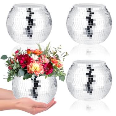 Imagem de 4 peças de vasos de bola de discoteca, peças centrais de bola de discoteca de plástico 10 x 12 cm, decoração de bola de discoteca prateada, espelhada, pode ser usado para centros de mesa de casamento
