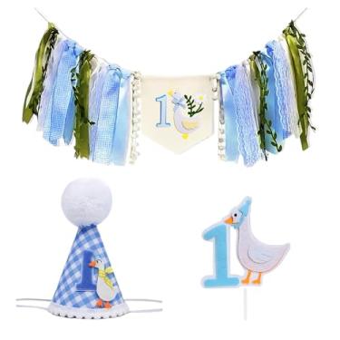 Imagem de One Funny Goose Banner de cadeira alta para meninos - Tema de ganso decorações de 1º aniversário, faixa de borla de fio de 1º aniversário estilo guingão azul para meninos