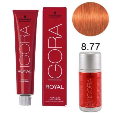 Imagem de Kit Tintura Schwarzkopf Igora Royal 8-77 Louro Claro Cobre Intenso 60g