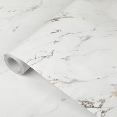 Imagem de Papel de parede branco mármore branco para contato com papel de parede brilhante - Película de vinil removível autoadesiva - Papel de parede impermeável para armários de bancada, móveis, renovação