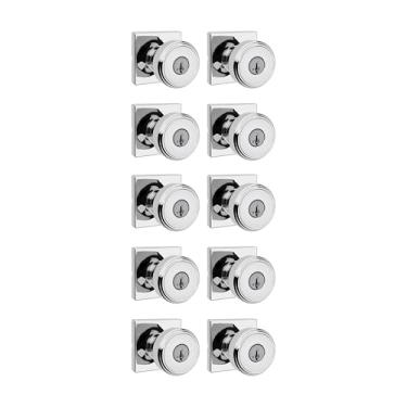 Imagem de Kwikset Maçaneta de porta de entrada Maven com fechadura e chave, alça externa com chave segura, entrada frontal e quarto, cromo polido, pacote com 10, SmartKey Rekey Security resistente a picaretas