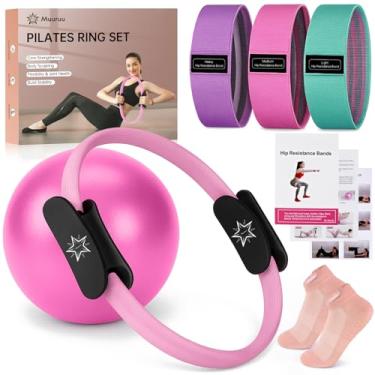Imagem de Conjunto de anéis de pilates, equipamento de pilates para exercícios domésticos, círculo mágico de 35 cm com alças acolchoadas, mini bola de exercício, 3 faixas de resistência, meias antiderrapantes