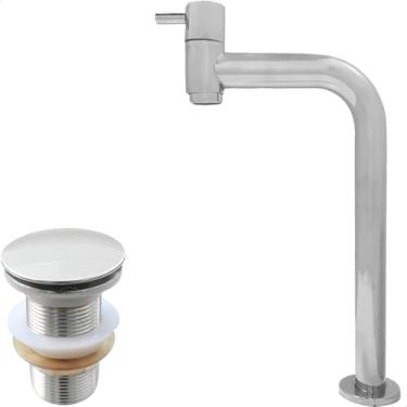 Imagem de Dona D Cor, Torneira Bica Alta Pia Banheiro Cromada 90 Graus 1/4 De Volta E Valvula Click 1¼ Inox Kit Banheiro