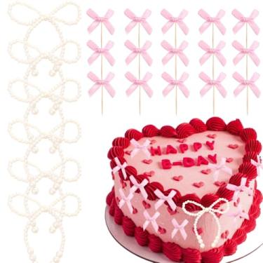 Imagem de Conjunto de topos de bolo com laço de pérola, bolinhas, topos de cupcake, palitos de bolo de laço, branco, rosa, decorações de bolo para casamento, aniversário, chá de panela, decoração de embrulho de
