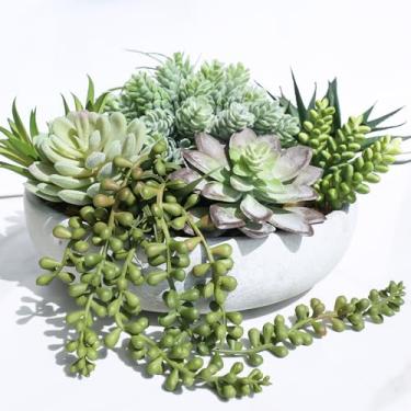 Imagem de Winlyn Arranjo de suculentas artificiais de 28 cm, peça central, plantas suculentas, cinza, redondo, suculentas em vaso falso para casa, escritório, quarto, cozinha, banheiro, mesa, janela, prateleira