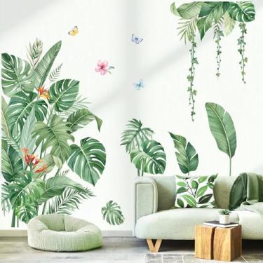 Imagem de decalmile Adesivos de parede de folhas verdes grandes folhas tropicais folha de palmeira adesivos de parede para sala de estar sofá TV fundo decoração de parede