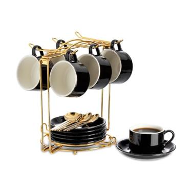 Imagem de YOLIFE Conjunto de 6 xícaras de café expresso com colheres douradas e suporte dobrável, conjunto de xícara de café e pires pretos de 70 g para cappuccino, latte, americano, chá, bebidas quentes