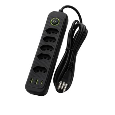 Imagem de Filtro De Linha E Extensão Elétrica 5 Tomadas 10A, Com Porta USB E USB-C - 2 Metros e 2500W Bivolt