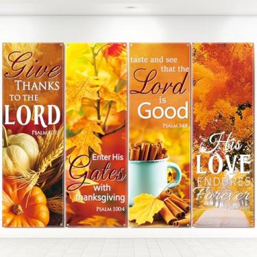 Imagem de JarThenaAMCS 4 faixas de igreja de outono para parede de santuário colheita de outono versículo bíblico inspirador placa pendurada para escola dominical, ação de graças, sala de aula, escritório em
