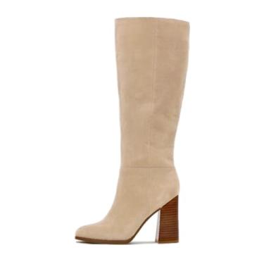 Imagem de Erocalli Botas de cano alto femininas cano alto grosso salto alto longo bico redondo zíper lateral, 1 Bege, 35