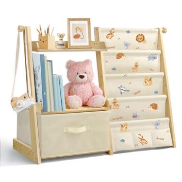 Imagem de wooshwa Estante infantil e organizador de brinquedos 2 em 1, prateleira de livros para quartos de crianças com caixa de brinquedos móvel, suporte para livros de 4 níveis para berçário, quarto, sala de