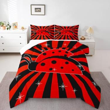 Imagem de Castle Fairy Conjunto de edredom fofo de joaninha, preto e vermelho, para crianças, meninas, adolescentes, adultos, conjunto de edredom acolchoado com ponta de onda, tamanho solteiro, 2 peças