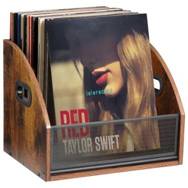 Imagem de WeGXY Suporte de armazenamento de discos de vinil, caixa de madeira para álbuns LP, suporte de revistas e suporte de livros para desktop, escritório em casa, organizador de prateleiras com alças