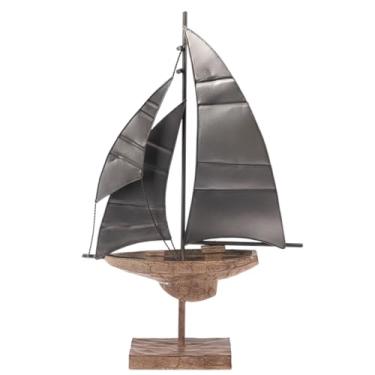 Imagem de Ganz Rustic Metal Sailboat Figurine with Wood-Look Base 15.75 x 10 Resin/Metal Nautical & Coastal Home Decor - Modern Farmhouse Boat Sculpture for Shelf, Mantel, or Desk